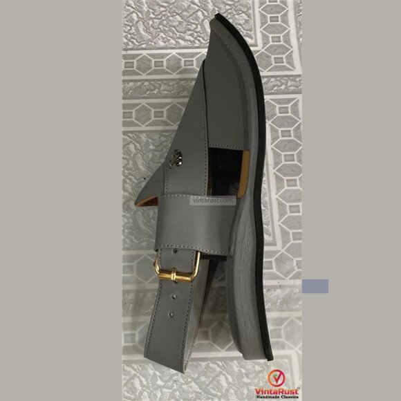 Grey Leather Kaptaan Chappal, Grey Suede Sandals For Gents, Handmade Premium main image 5